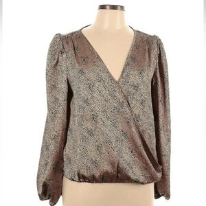 Sincerely Jules V-Neck Tan Black Spotted Leopard Satin Blouse Size Large L